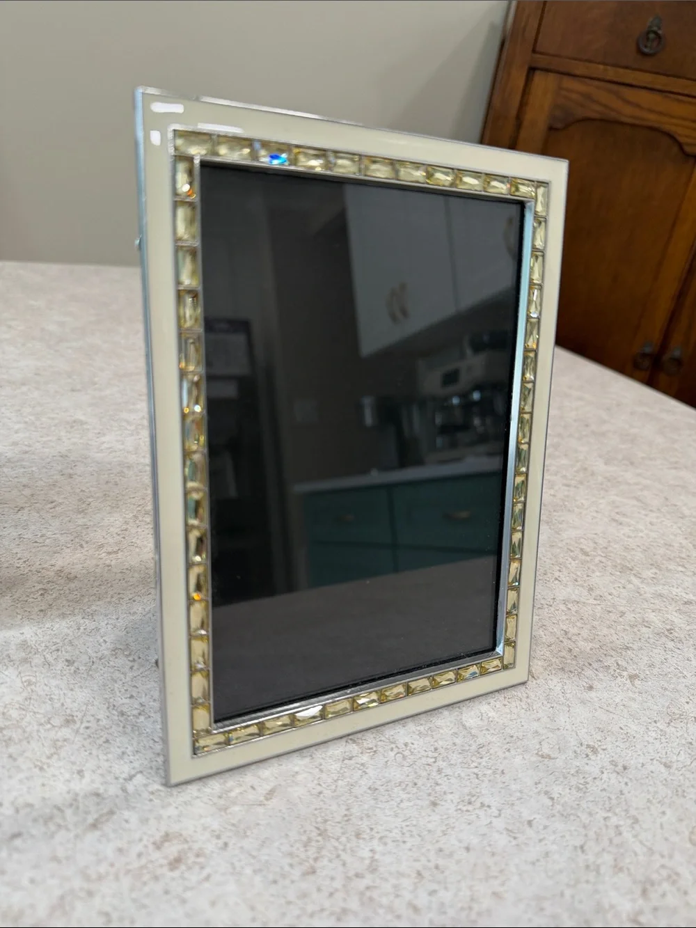 SET OF 2 HEZE BAISHIDA 5 x 7 IVORY ENAMEL & LIGHT TOPAZ CRYSTAL PICTURE FRAMES